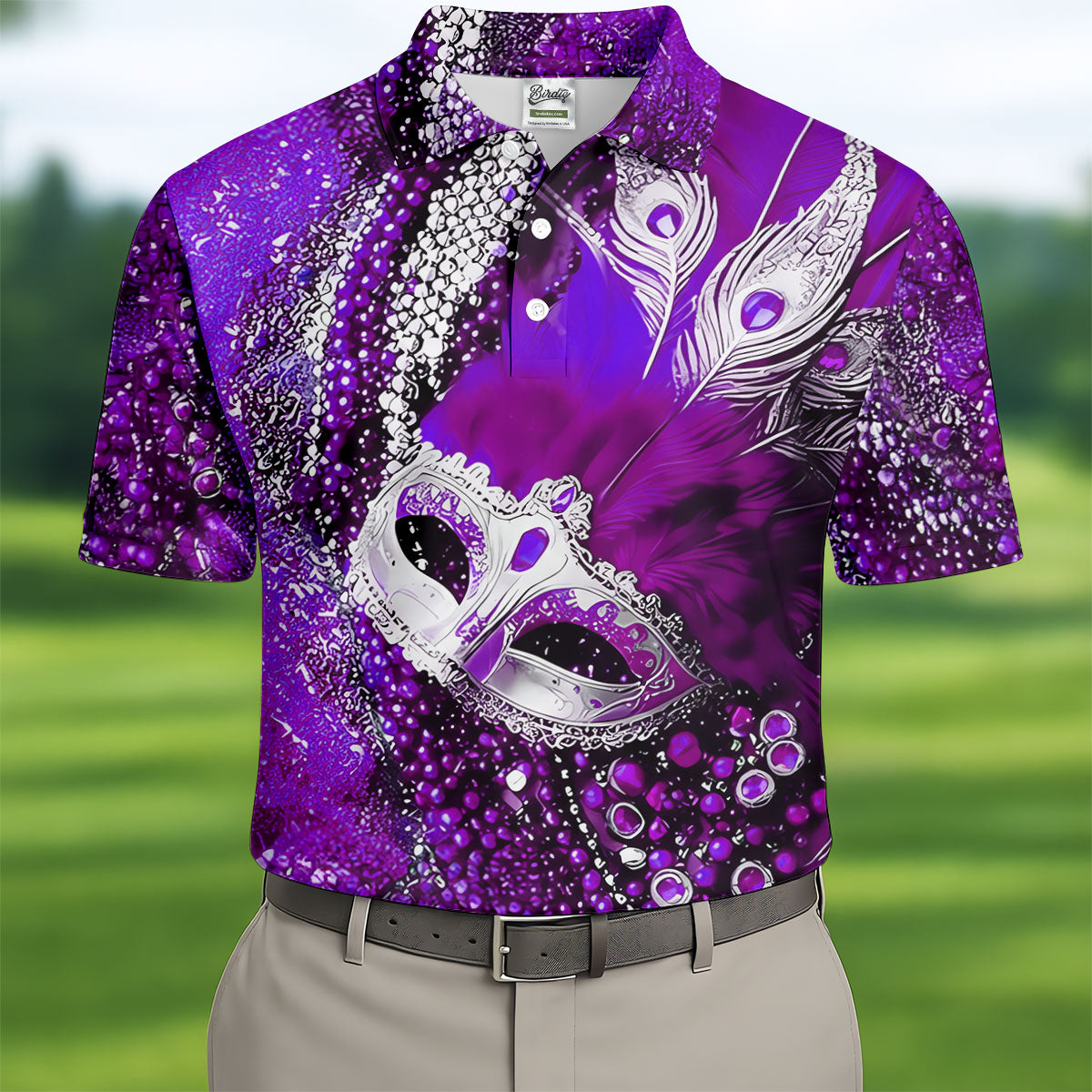 Mardi Gras Masquerade Mask Feather Beads Purple Golf Shirt, Polo ShirtFor Men, Golf Shirts For Men