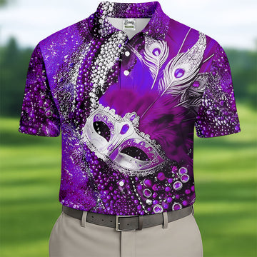 Mardi Gras Masquerade Mask Feather Beads Purple Golf Shirt, Polo ShirtFor Men, Golf Shirts For Men