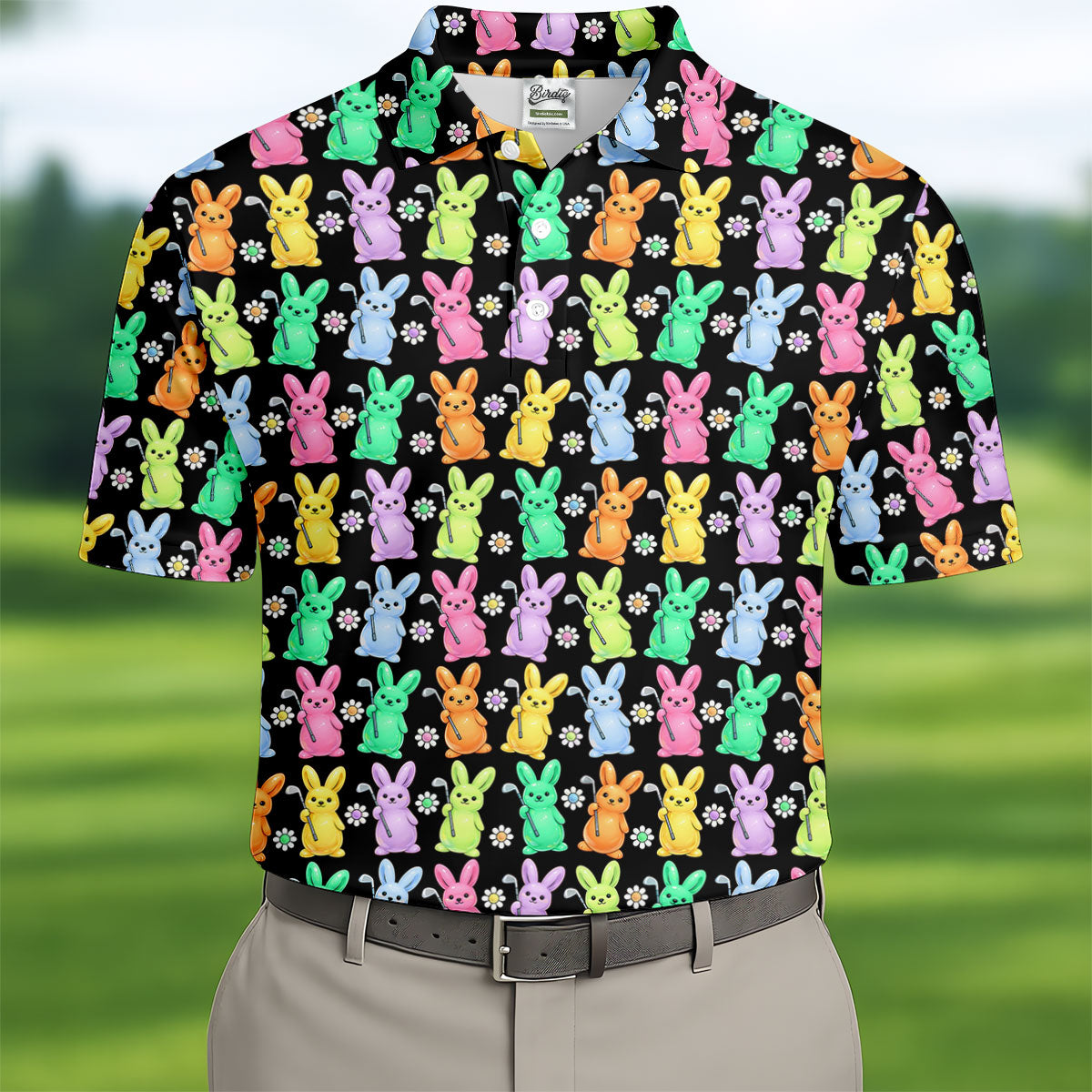 Colorful Easter Bunny Black Golf Shirt, Cute Golf Outfit, Golf Shirts For Men, Golf Gift For Men