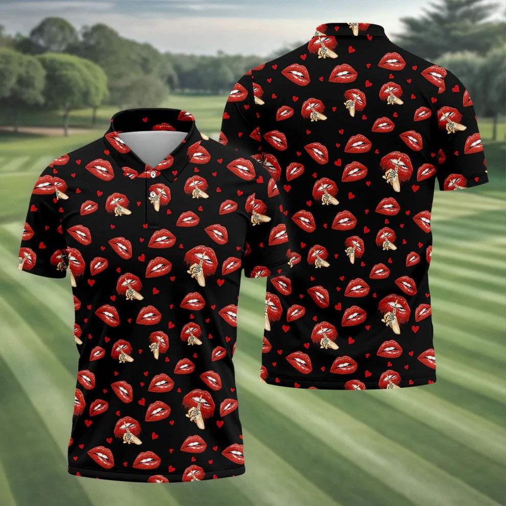 Sassy Red Lips Golf Shirt, Funny Valentine Pattern Design, Men's Golf Polo