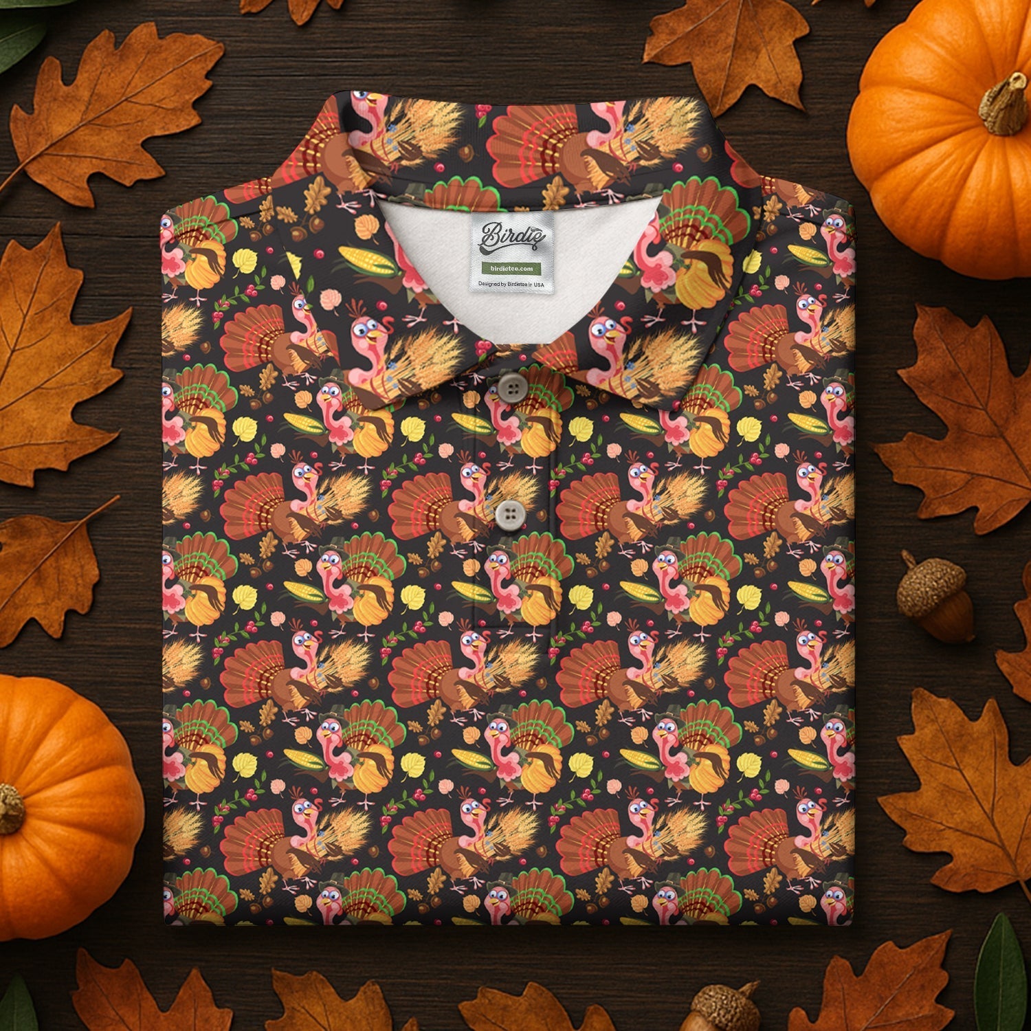 Turkey Pumpkin Thanksgiving Holiday Black And Brown Polo ShirtFor Men, Golf Gift For Men