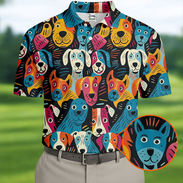 Happy Dog Faces Hawaiian Golf Shirt, Funny Golf Shirt, Abstract Animal Golf Shirts For Men