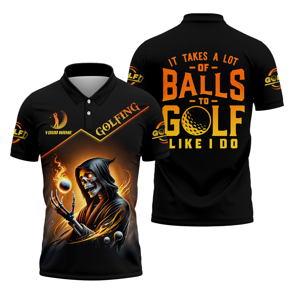 It Takes A Lot Of Golf Balls To Golf Like I Do Golden Fire Custom Men's Golf Polo ShirtDad Golf Gifts