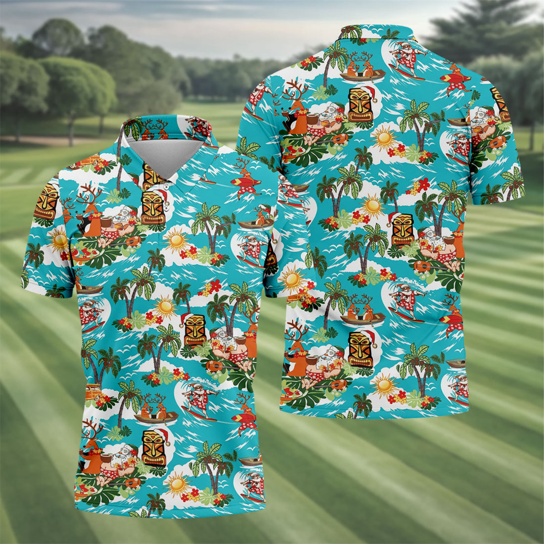 Men's Funny Surfing Santa Hawaiian Golf Shirt, Christmas Golf Shirt, Printed Golf Shirts