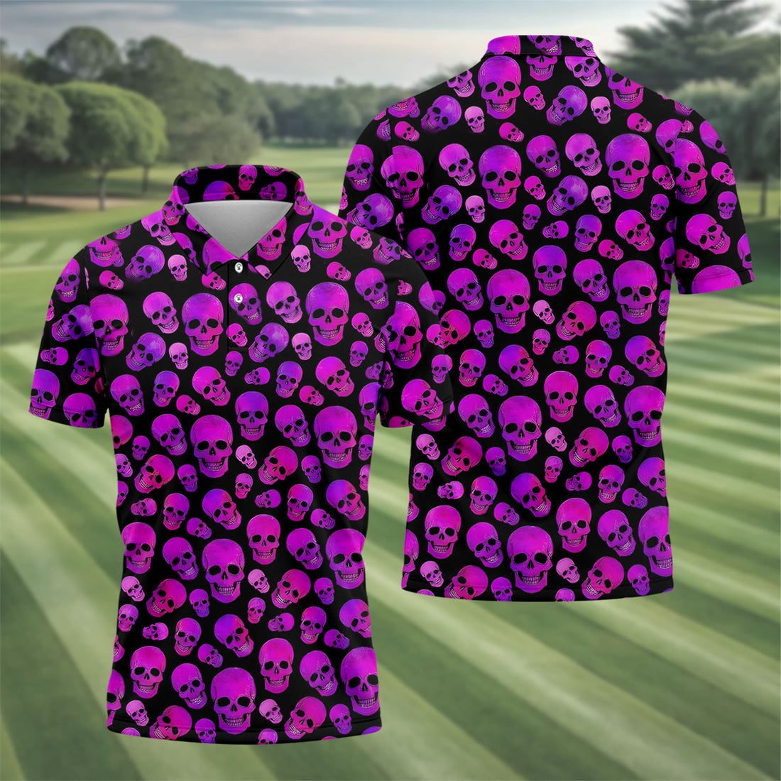 Purple Skull Gothic Pattern Hawaiian Golf Shirt, Mens Golf Polo, Printed Golf Shirts