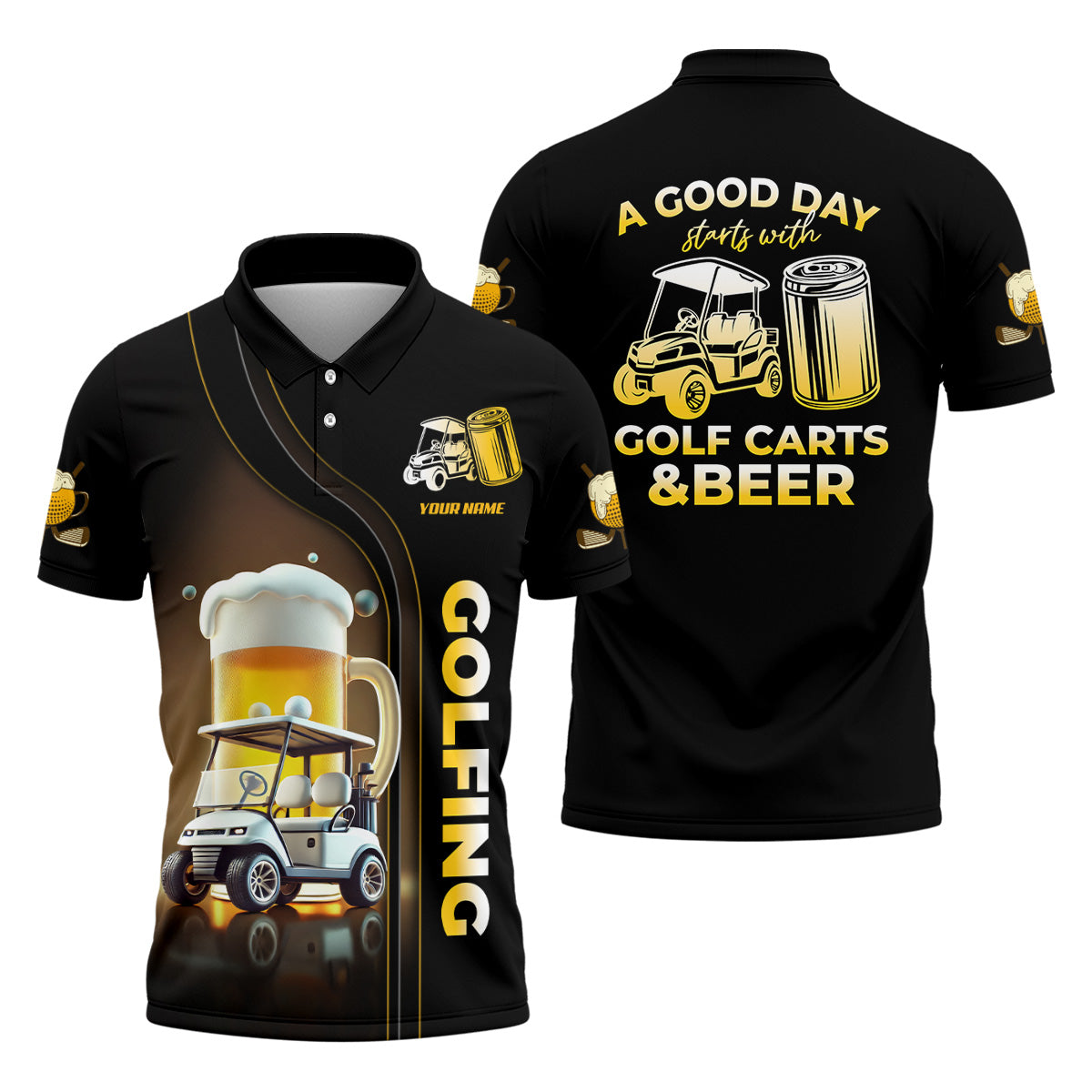 A Good Day Starts With Golf Carts And Beer Custom Men's Golf Polo ShirtFunny Golf Shirt, Dad Golf Gift