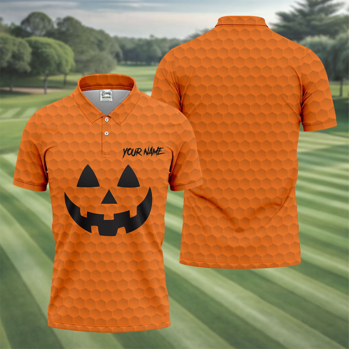 Halloween Pumpkin Face Custom Name Men's Funny Golf Shirts, Polo ShirtFor Men, Golf Gift For Men