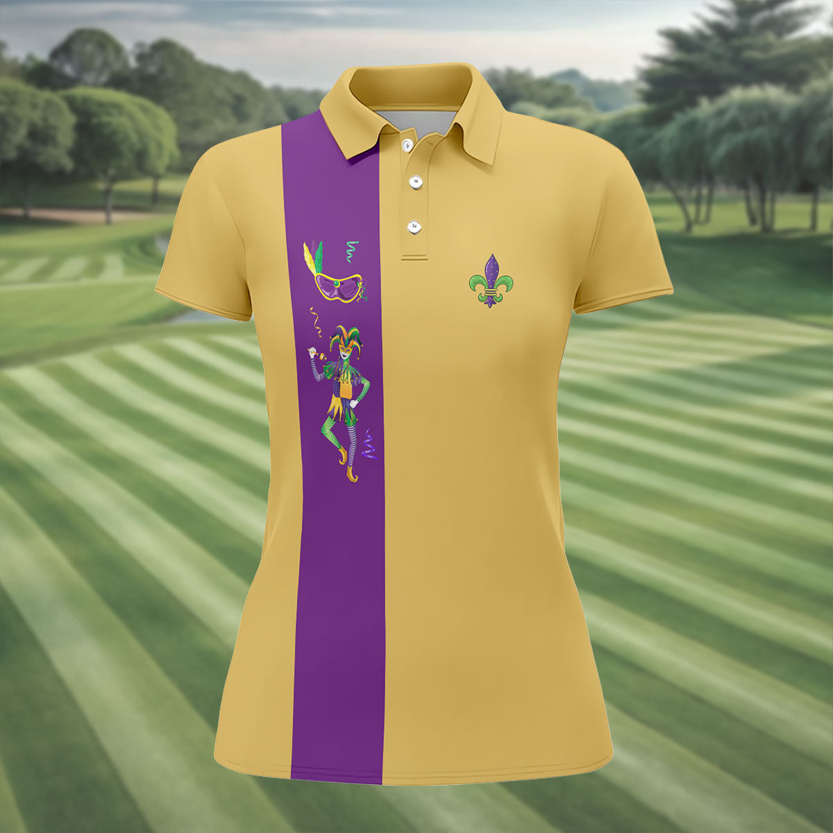 Mardi Gras Festival Jester Figure Fleur De Lis Symbol Yellow Golf Shirt, Women's Golf Tops, Ladies Golf Polos