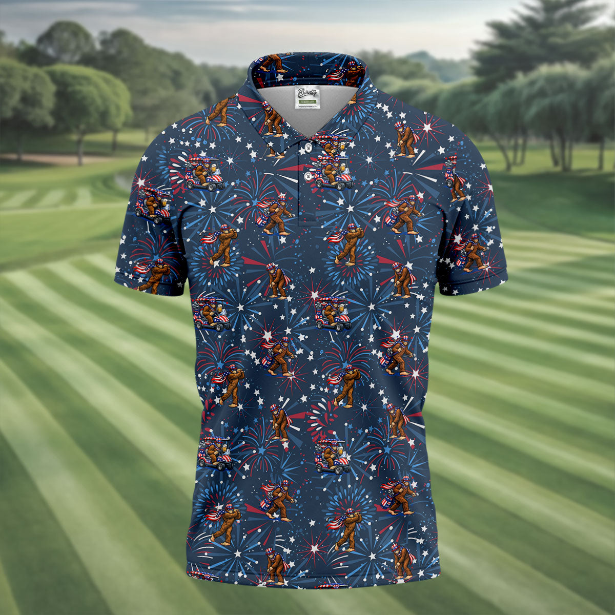 Funny Bigfoot Golf Pose Festive Vibe Navy 4th Of July Golf Shirts For Men, 250th Anniversary Patriotic Golf Shirt