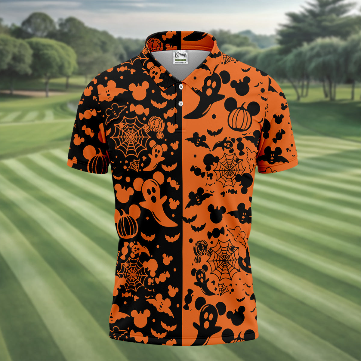 Cute Animated Ghost Black And Orange Halloween Golf Shirt, Fun Golf Shirts For Men, Polo ShirtFor Men