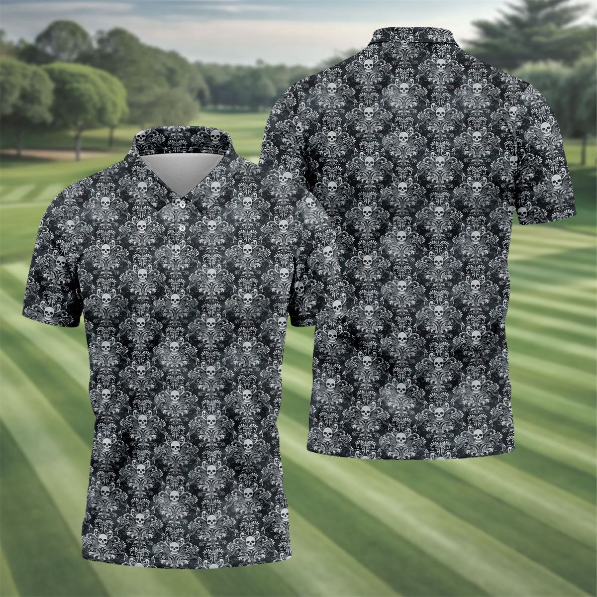Skull Damask Charcoal Grey Gothic Floral Golf Tops For Men, Polo Shirtor Men, Golf Shirts For Men