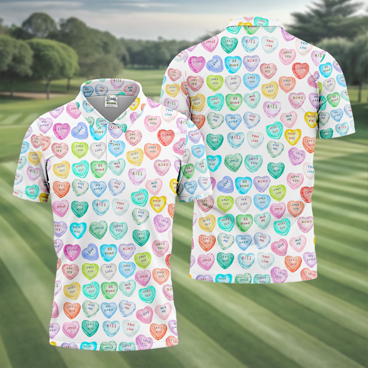 Sweet Words Watercolor Heart Golf Tops For Men, Valentines Golf Gift, Polo ShirtFor Men
