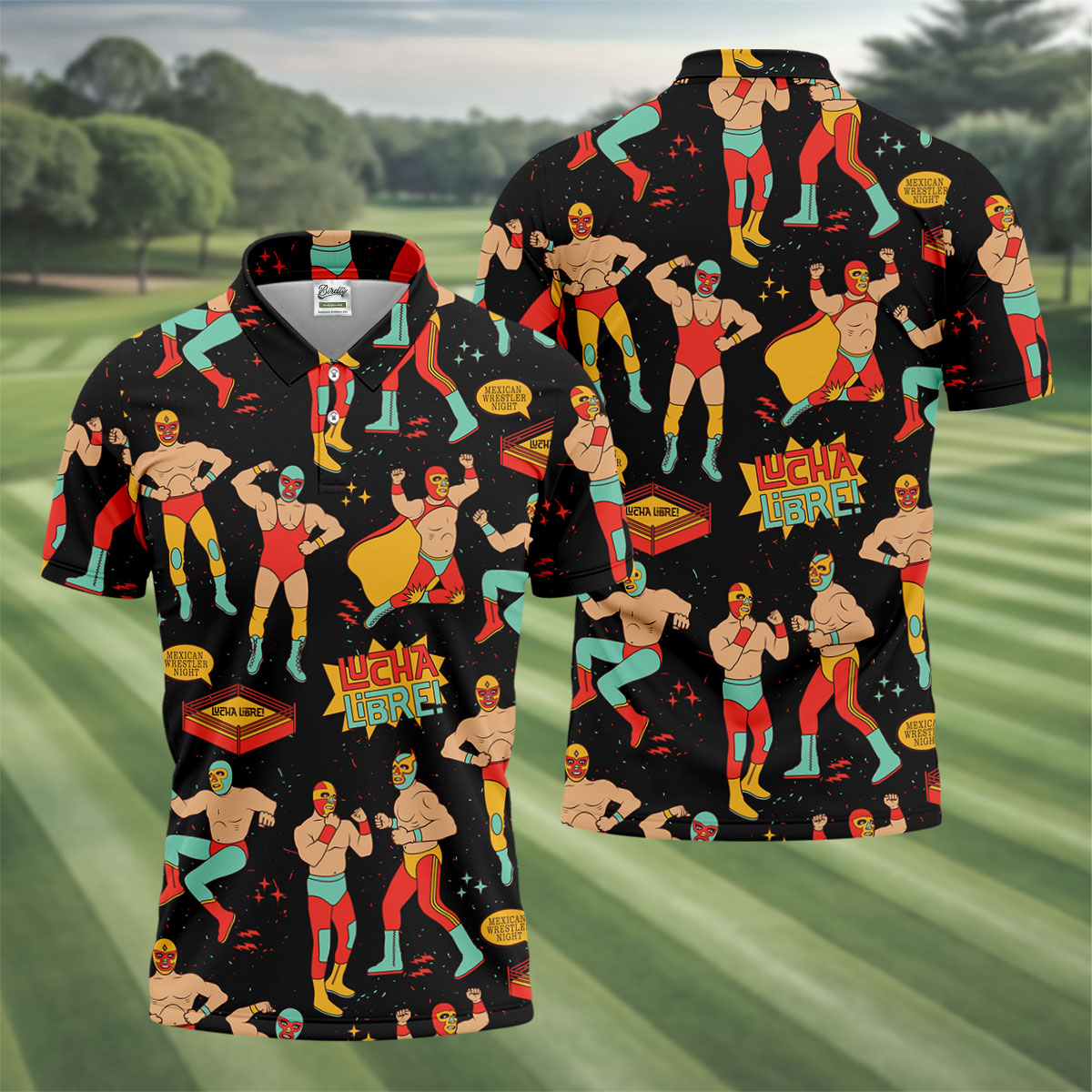 Black Lucha Libre Mexican Wrestler Pattern Golf Shirt, Golf Shirts For Men, Mens Golf Apparel
