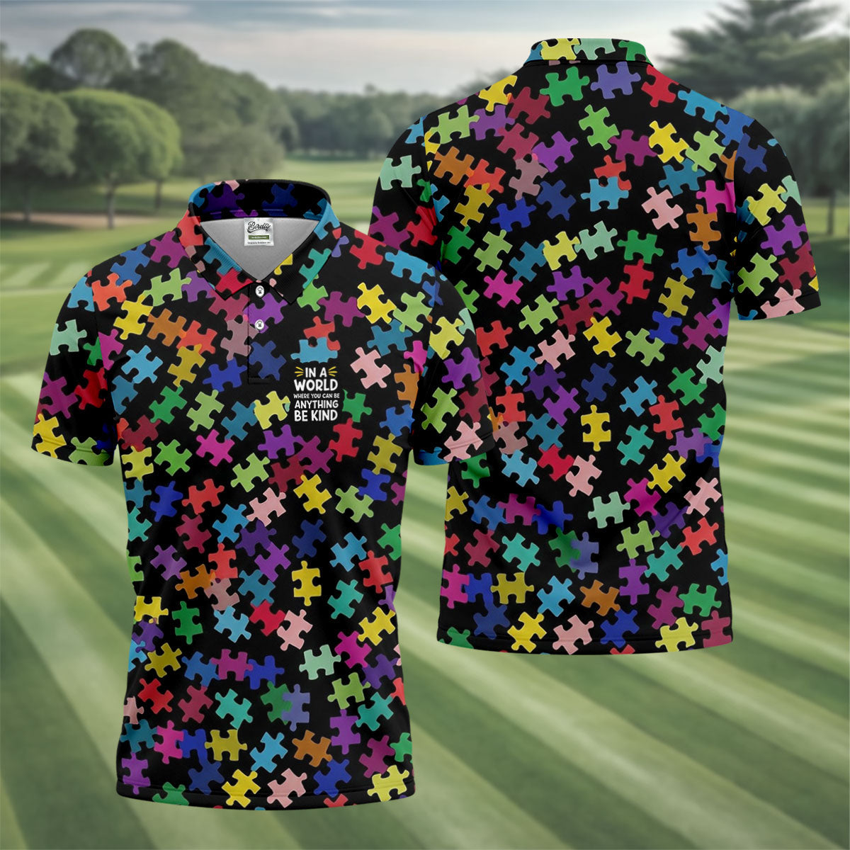 In A World Where You Can Be Anything Be Kind Autism Awareness Puzzle Pattern Men's Golf Shirt, Polo Shirt Men