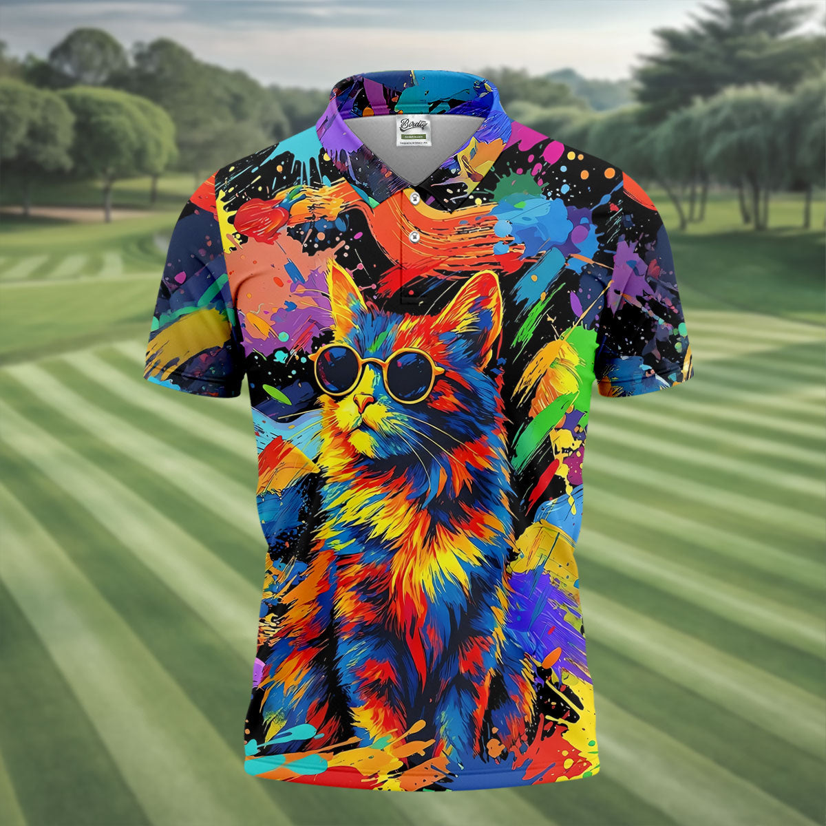 Colorful Cat Sunglasses Paint Splash Golf Shirt, Men's Golf Shirt, Golf Apparel For Men
