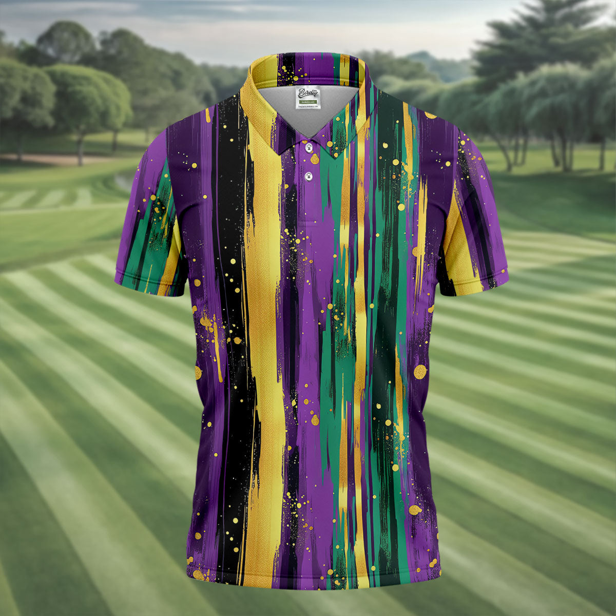 Green Purple Gold Splatter Effect Mardi Gras Golf Shirt, Polo ShirtFor Men, Golf Shirts For Men