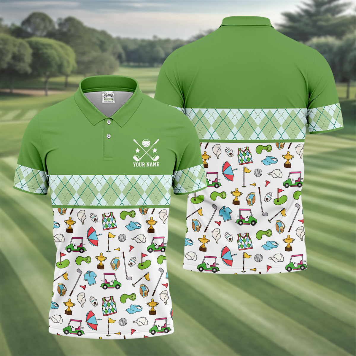 Custom Name Green Argyle Golf Icons Pattern Golf Shirt, Mens Golf Polo, Golf Shirts For Men, Printed Golf Shirts