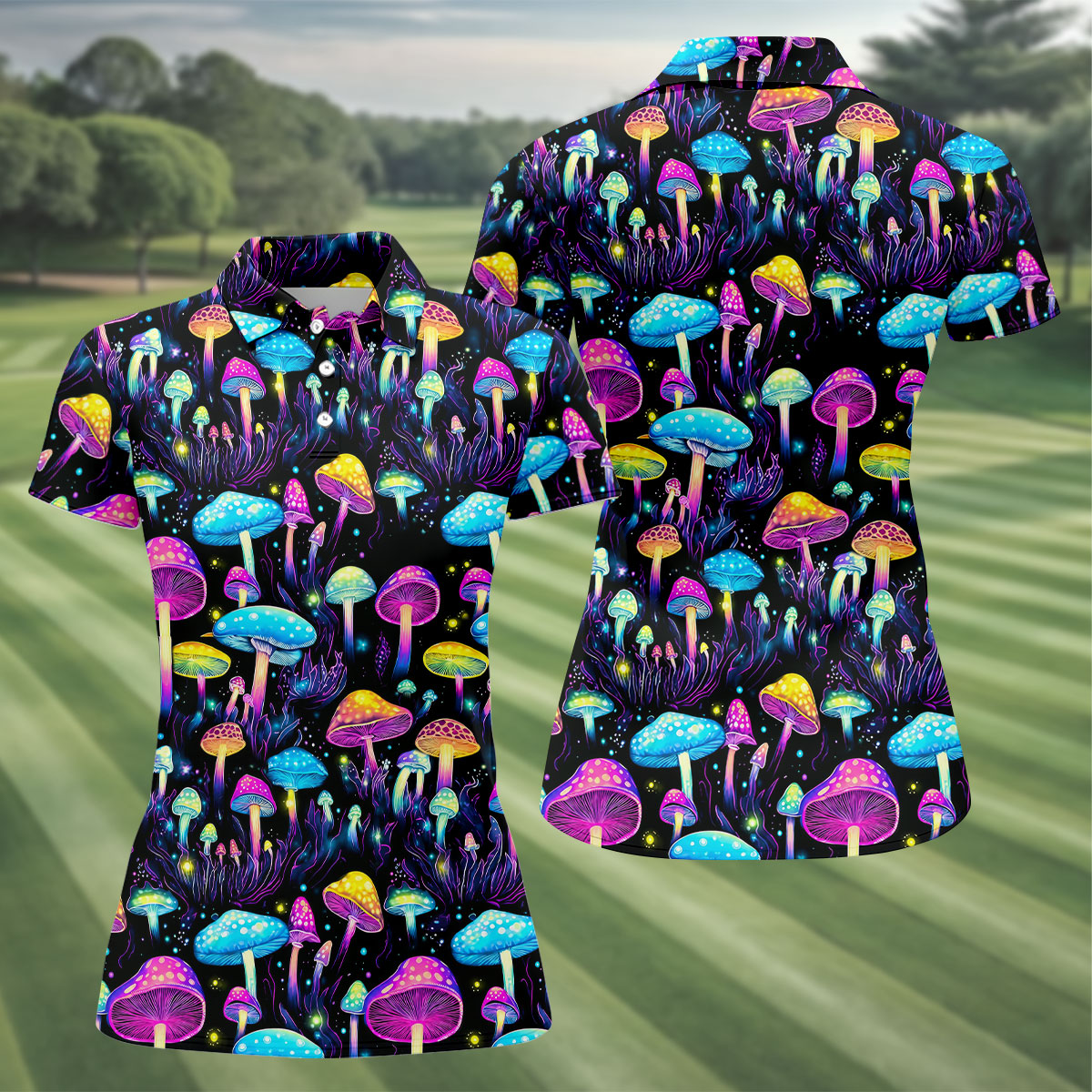 Colorful Neon Mushroom Fantasy Forest Golf Shirt, Women’s Golf Polo, Golf Tops For Women, Printed Golf Shirt