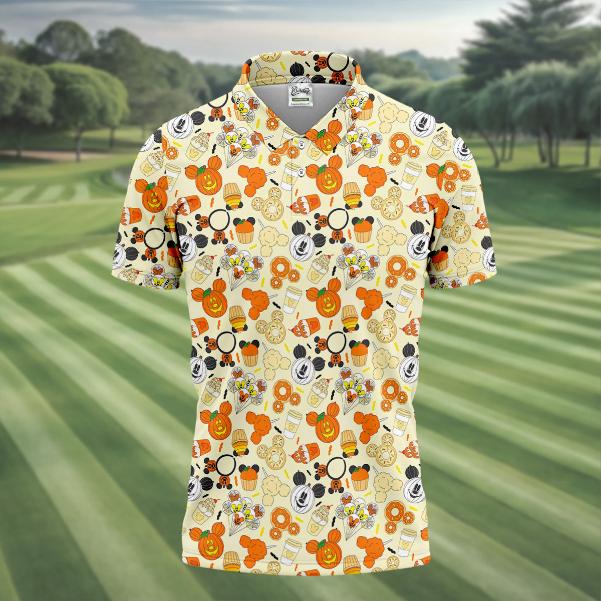 Cute Halloween Mouse Pumpkin Polo ShirtFor Men, Sweet Spooky Golf Tops For Men, Halloween Golf Shirt