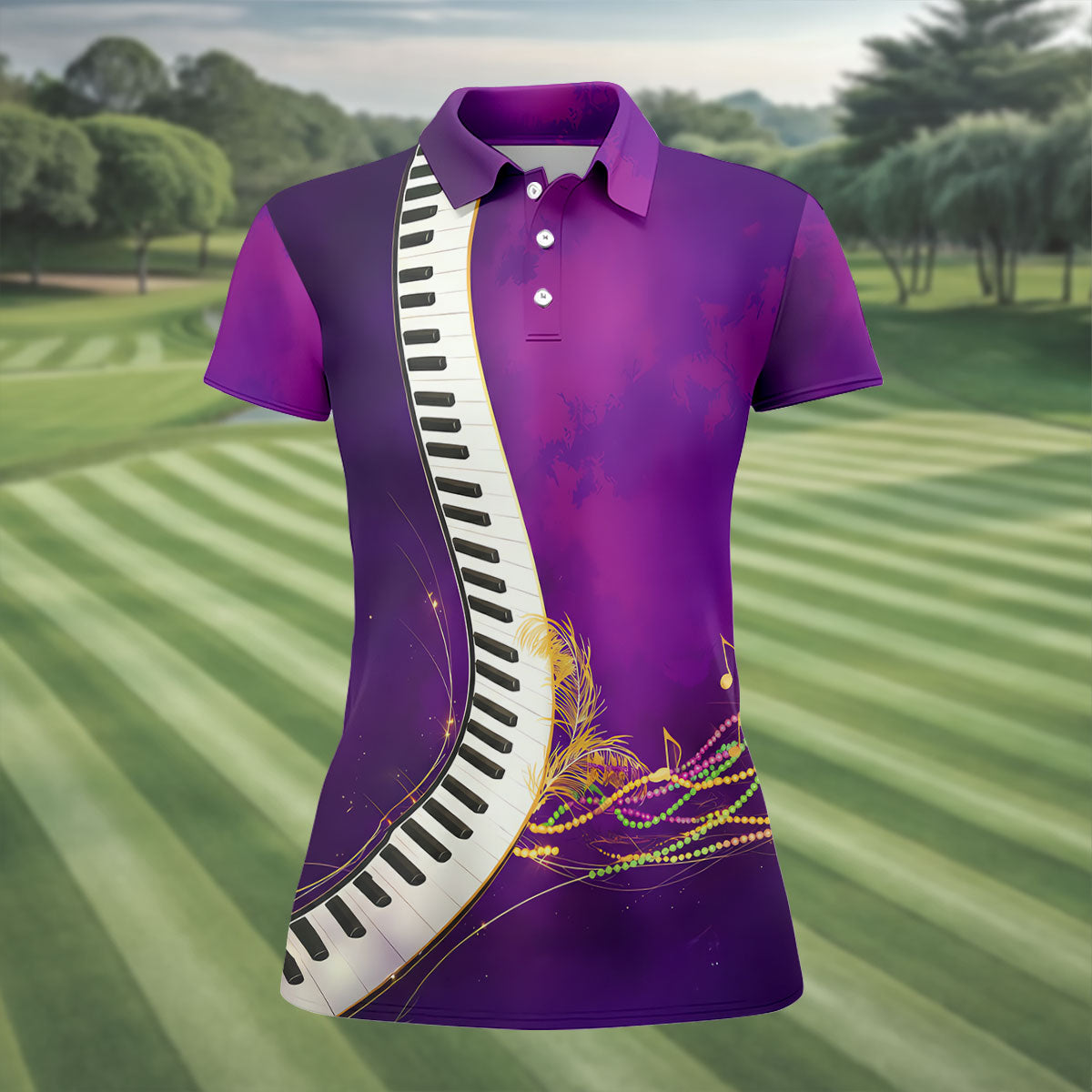 Mardi Gras Feather Beads Piano Keyboard Print Purple Golf Shirt, Women's Golf Tops, Ladies Golf Polos