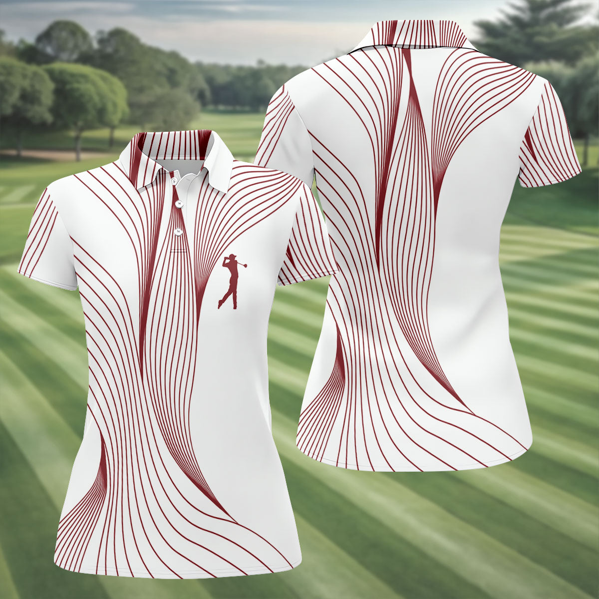 Geometric Line Wavy Line Maroon And White Women's Golf Tops, Ladies Golf Shirts, Women's Polo Shirt