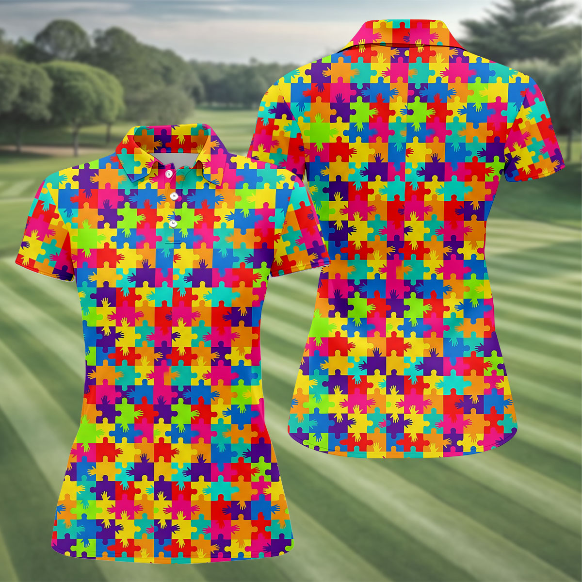Colorful Handprints Autism Awareness Puzzle Golf Shirt For Women, Ladies Golf Shirts, Women's Polo Shirt