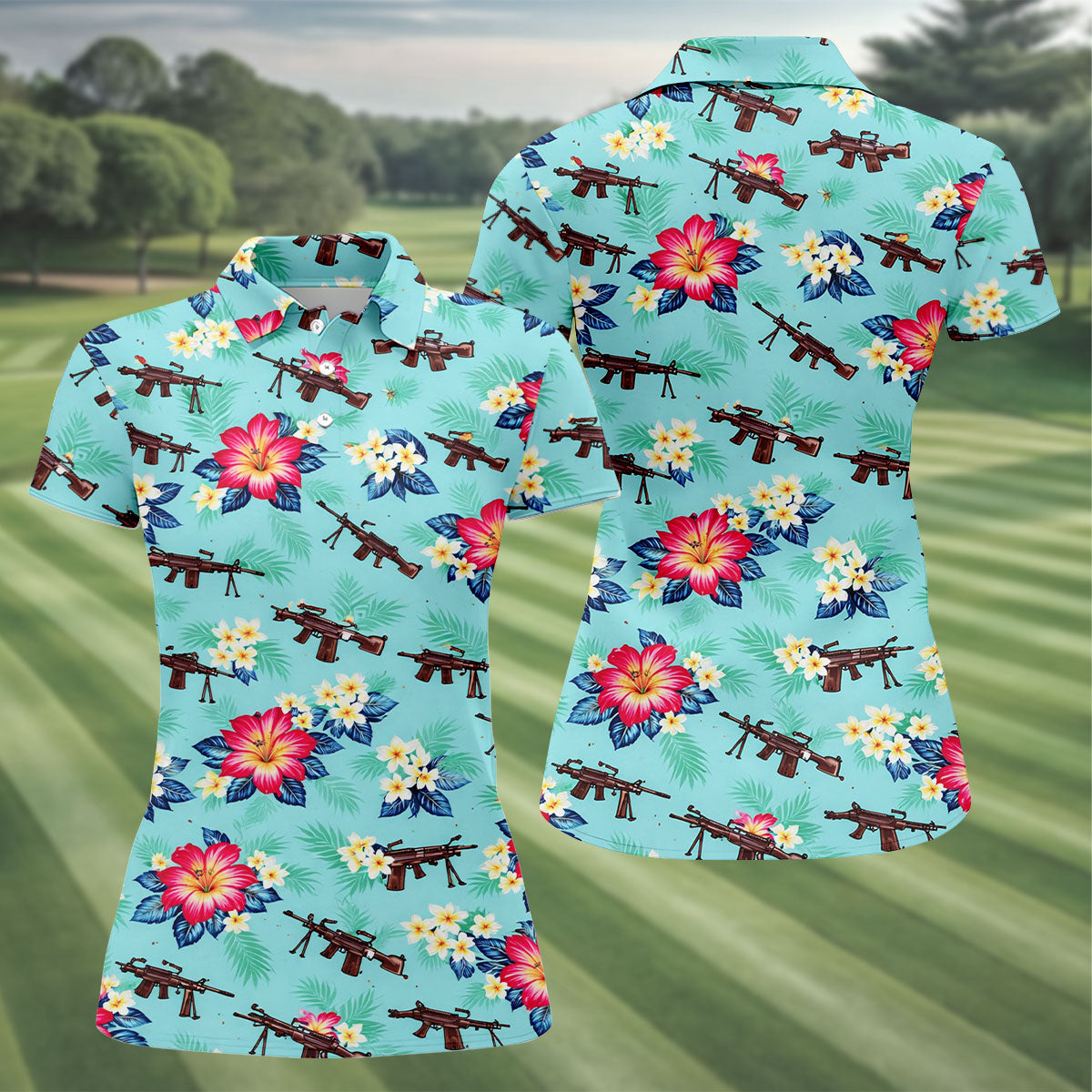 Floral Pattern Army Theme Hawaiian Golf Shirt, Women's Golf Tops, Ladies Golf Shirts
