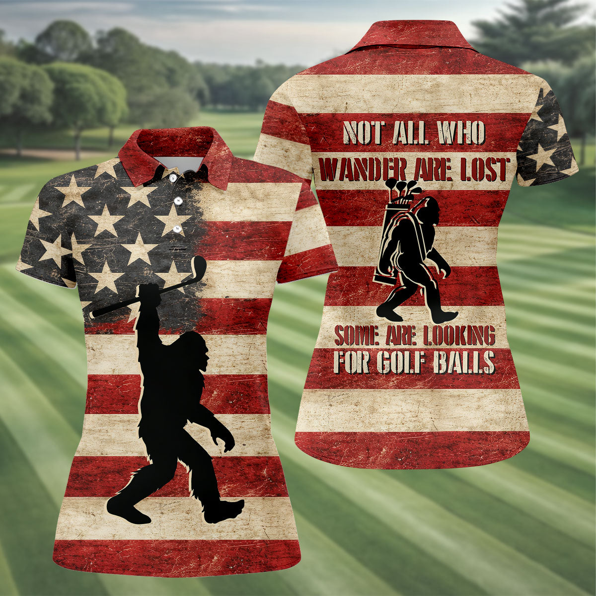 Vintage American Flag Bigfoot Golfer Polo Shirt, Women’s Golf Polo, Golf Tops For Women