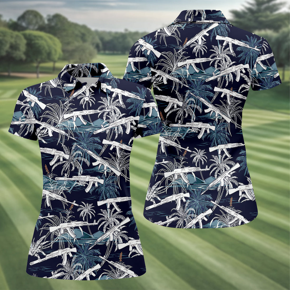 Dark Blue Color Army Theme Hawaiian Golf Polo, Women's Golf Tops, Ladies Golf Shirts