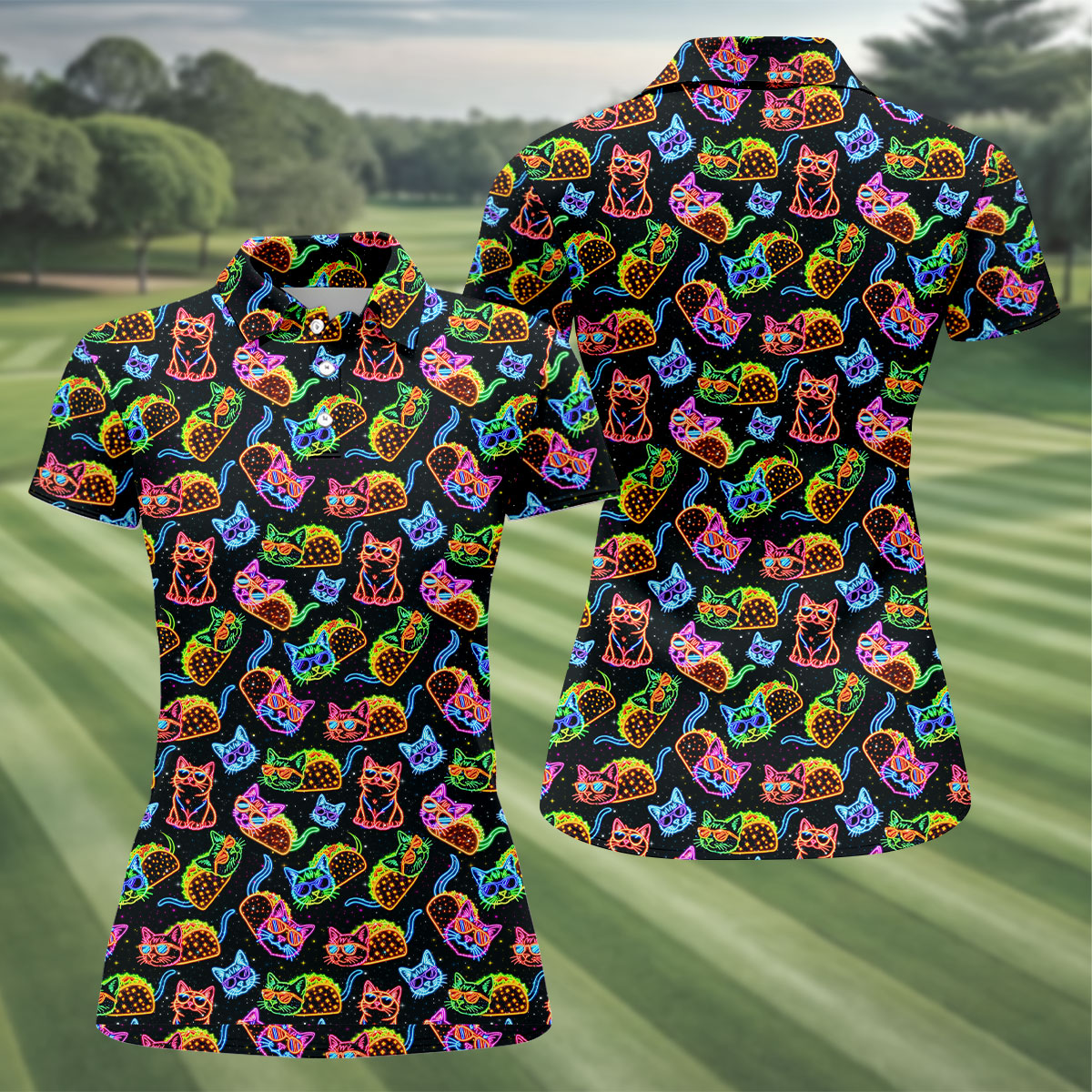 Neon Cats Tropical Vibe Women's Golf Tops, Cute Golf Outfit, Ladies Golf Shirts, Golf Shirt For Women