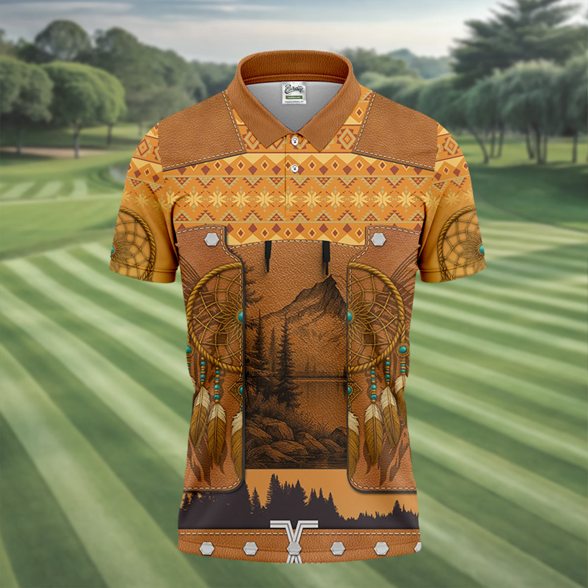 Golden Horizon Tribal Theme Golf Tops For Men, Native American Ancestry Polo ShirtFor Men, Indigenous Peoples Month