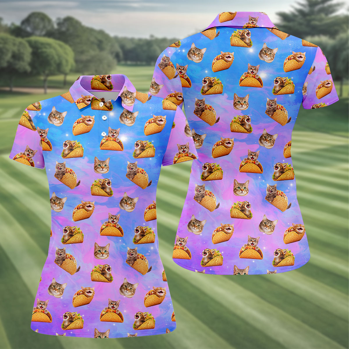 Funny Taco Cat Galaxy Pattern Golf Shirt, Women’s Golf Apparel, Ladies Golf Shirt