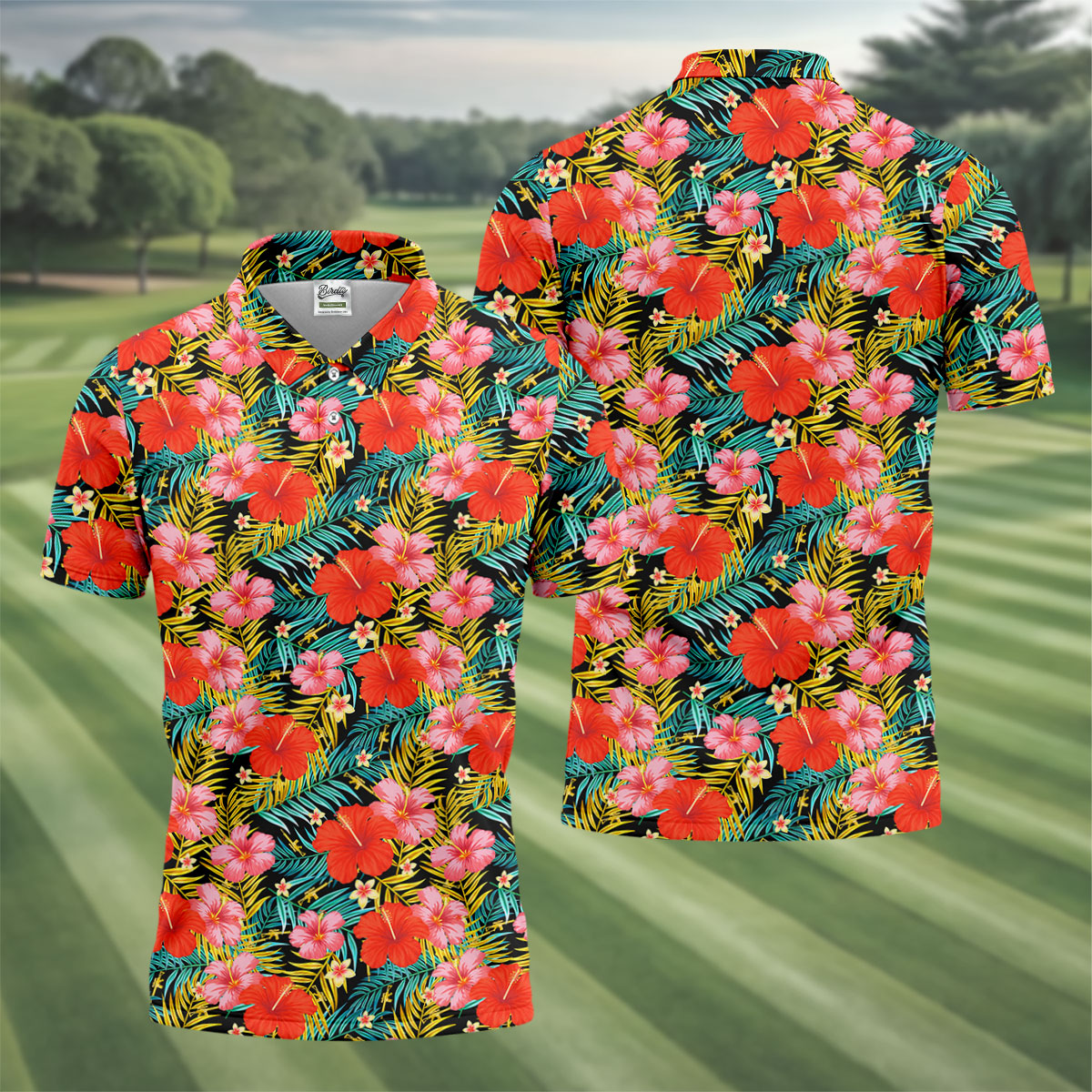 Red Hibicus Gold Palm Leaf Hawaiian Golf Shirt, Summer Theme Golf Shirts For Men