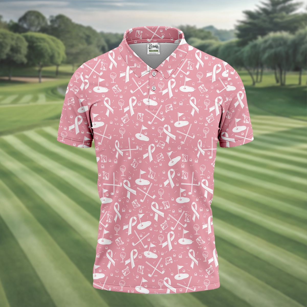 Awareness Ribbon Light Pink And White Golf Shirt, Cancer Awareness Shirt, Polo ShirtFor Men