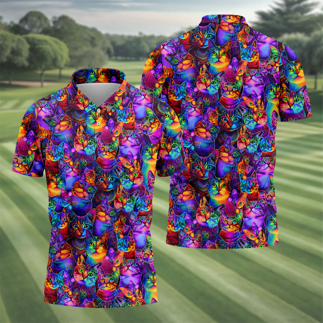 Psychedelic Cat Golf Shirt, Colorful Neon Cat Pattern, Polo Shirts For Men