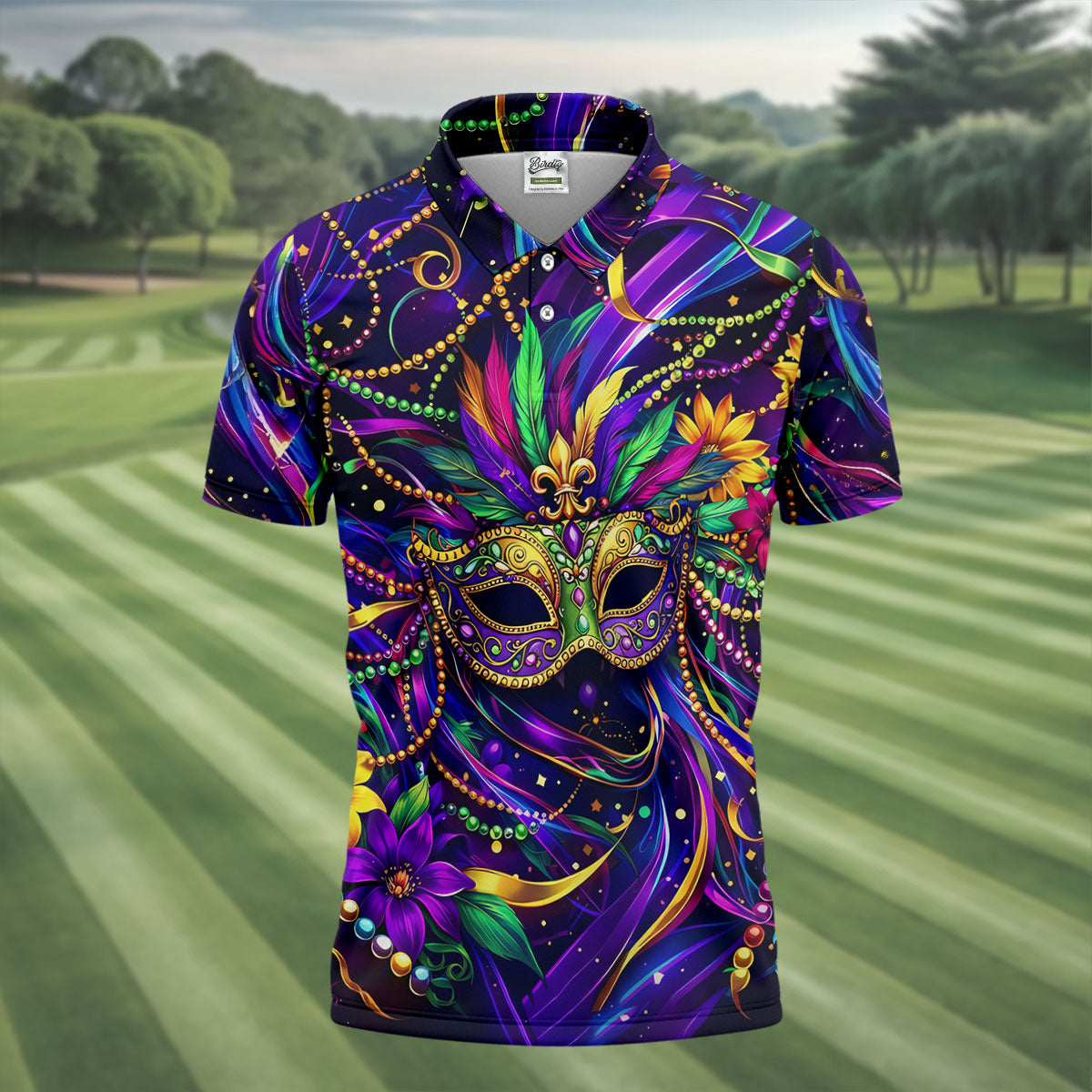 Mardi Gras Beads Ribbons Feather Masquerade Mask Print Golf Shirt, Golf Polo Shirtlf Tops For Men