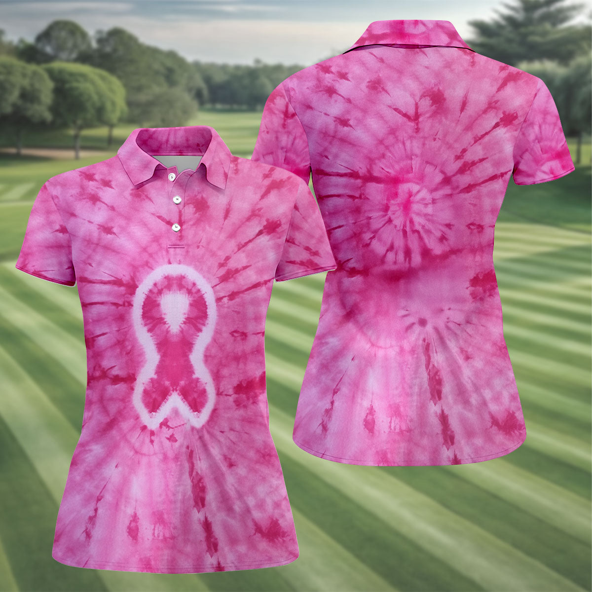 Breast Cancer Pink Tie Dye Womens Golf Shirt, Breast Cancer Awareness Shirt, Womens Golf Tops