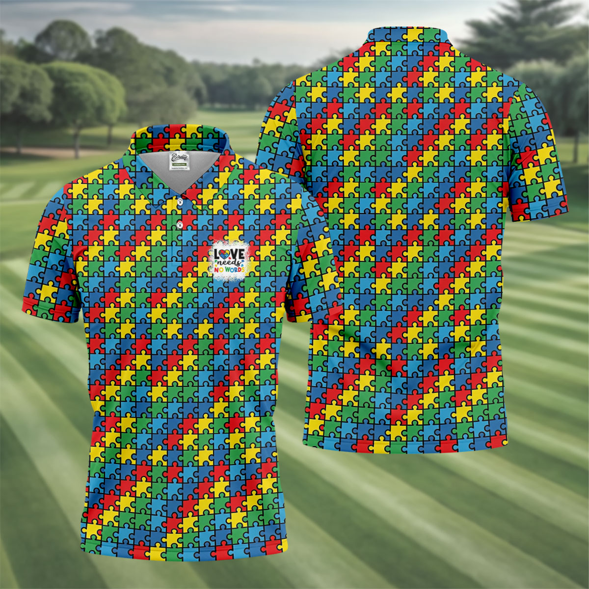 Love Needs No Words Autism Awareness Jigsaw Puzzle Pieces Men's Golf Shirt, Polo Shirt Men