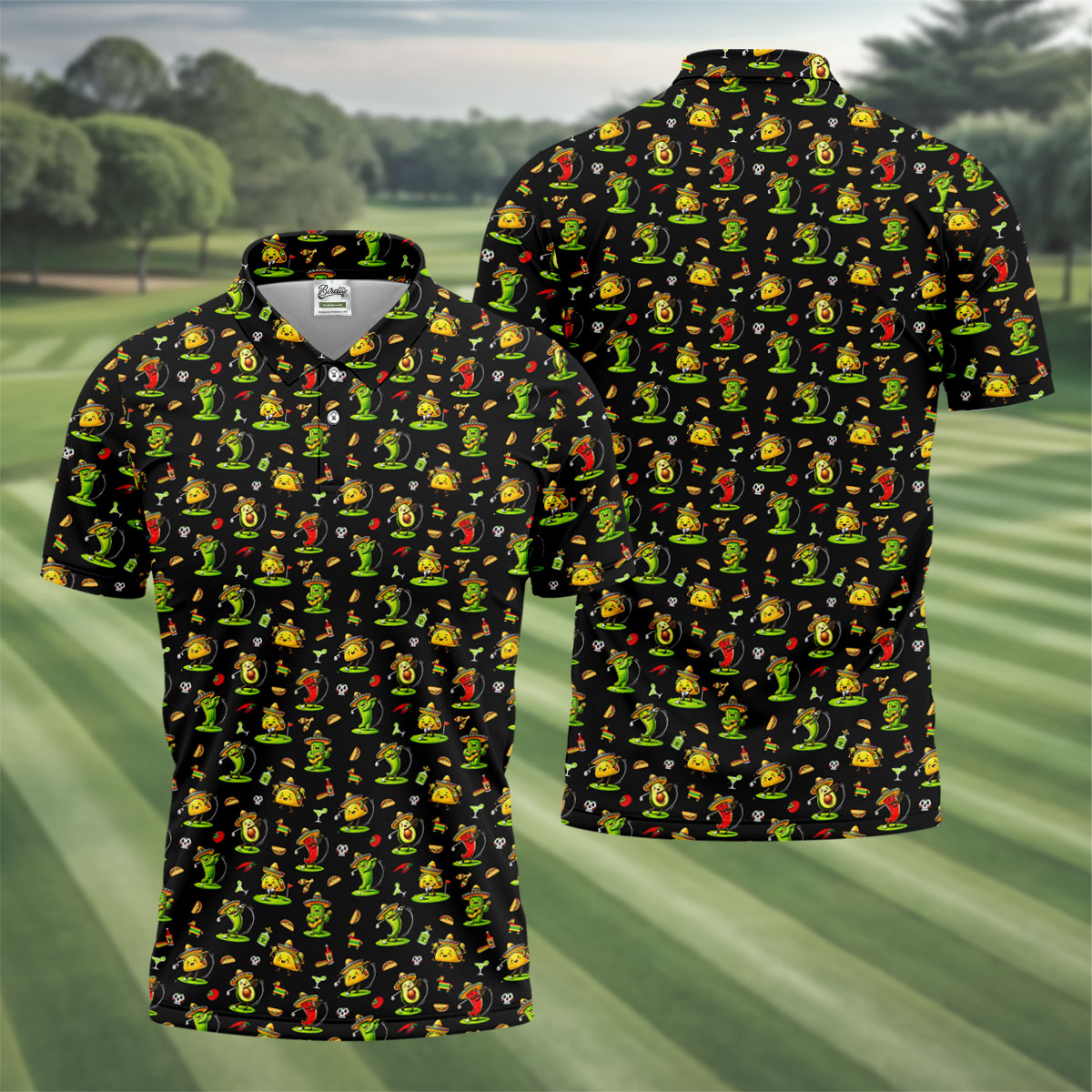 Mexican Cartoon Food Characters Cinco De Mayo Celebration Fiesta Themed Black Golf Shirts For Men