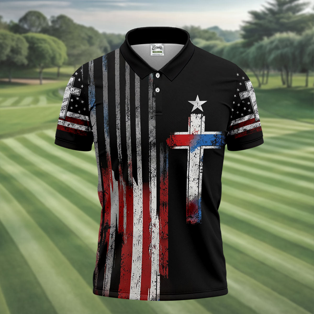 Faith Cross US Flag Golf Shirt, 250 Years Retro Golf Shirt, Patriotic 4th Of July Polo Shirt Men