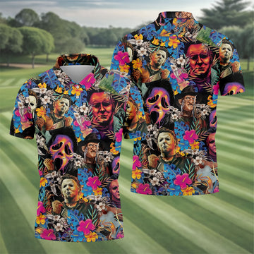 Tropical Horror Character Hawaiian Golf Shirt, Mens Golf Polo, Halloween Golf Apparel