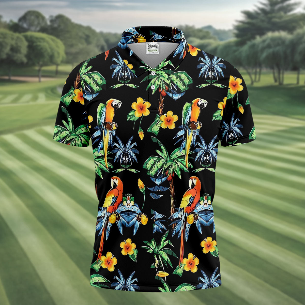 Black Tropical Parrot Palm Flower Pattern Golf Shirt, Men's Golf Shirt, Mens Polo Shirts, Hawaiian Golf Shirt