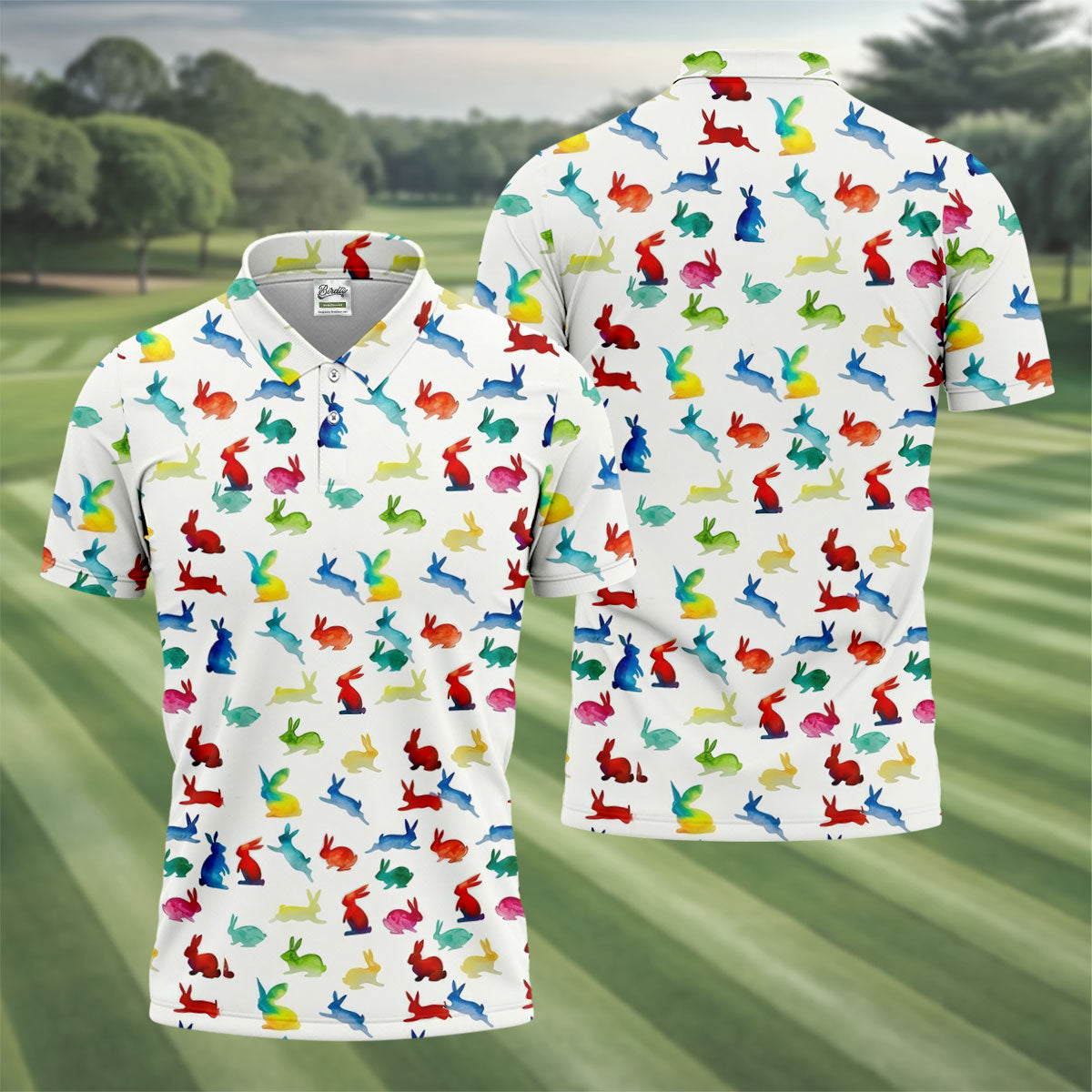 Colorful Bunny Funny Golf Shirt, Easter Bunny Pattern Golf Tops For Men, Golf Shirts For Men