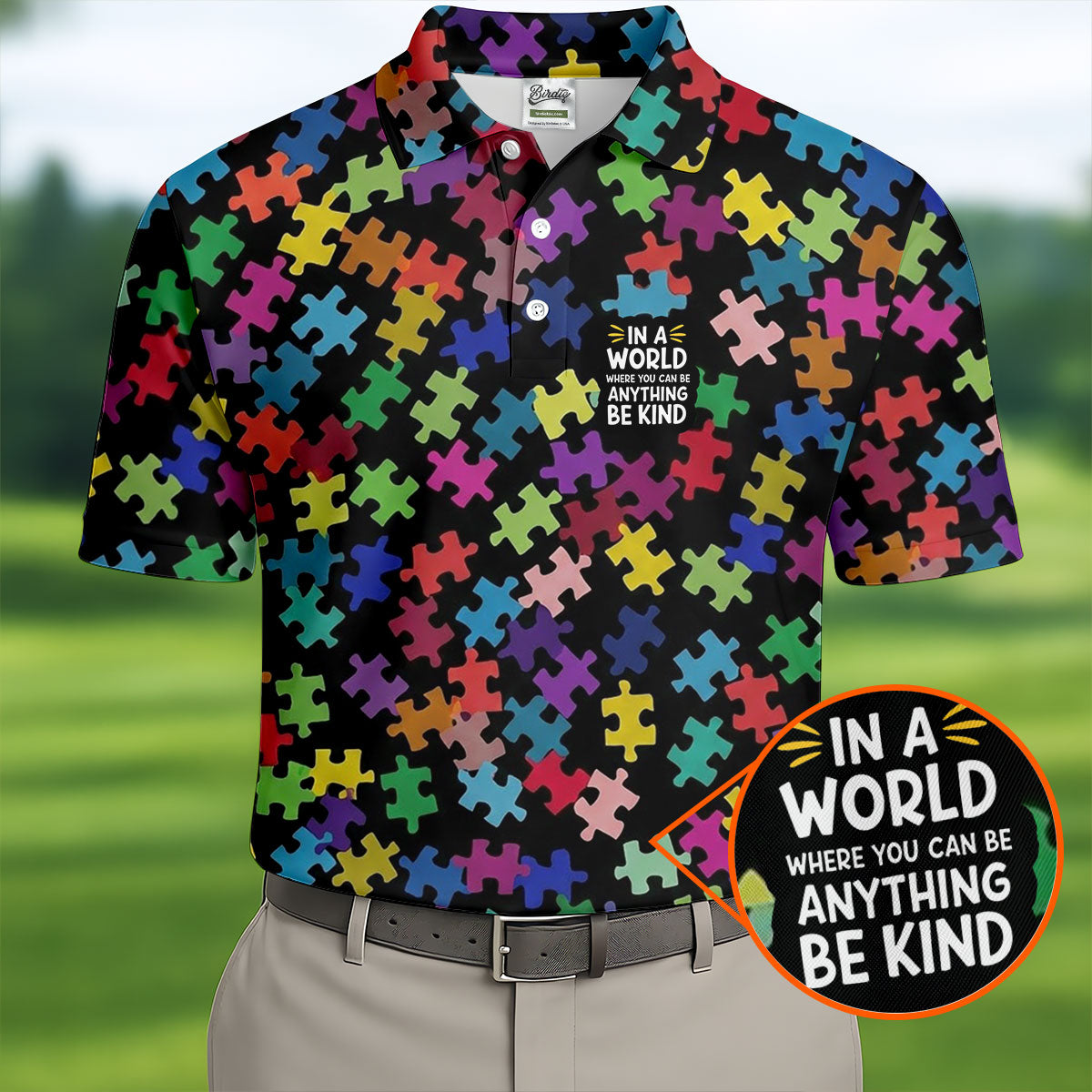 In A World Where You Can Be Anything Be Kind Autism Awareness Puzzle Pattern Men's Golf Shirt, Polo Shirt Men