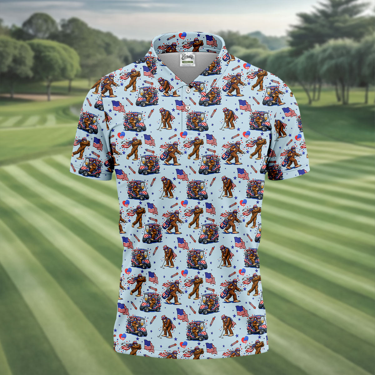 Funny Bigfoot 4th Of July American Flag Pattern Light Blue Golf Shirts For Men, 250th Anniversary Patriotic Golf Shirt