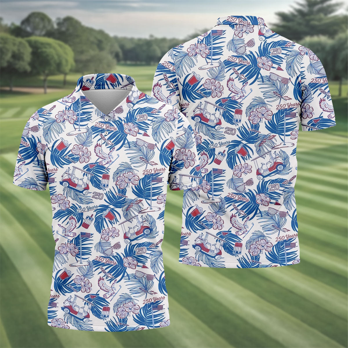 250 Years Red White Blue Tropical Floral Patriotic Golf Shirt, 4th Of July Golf Shirts For Men