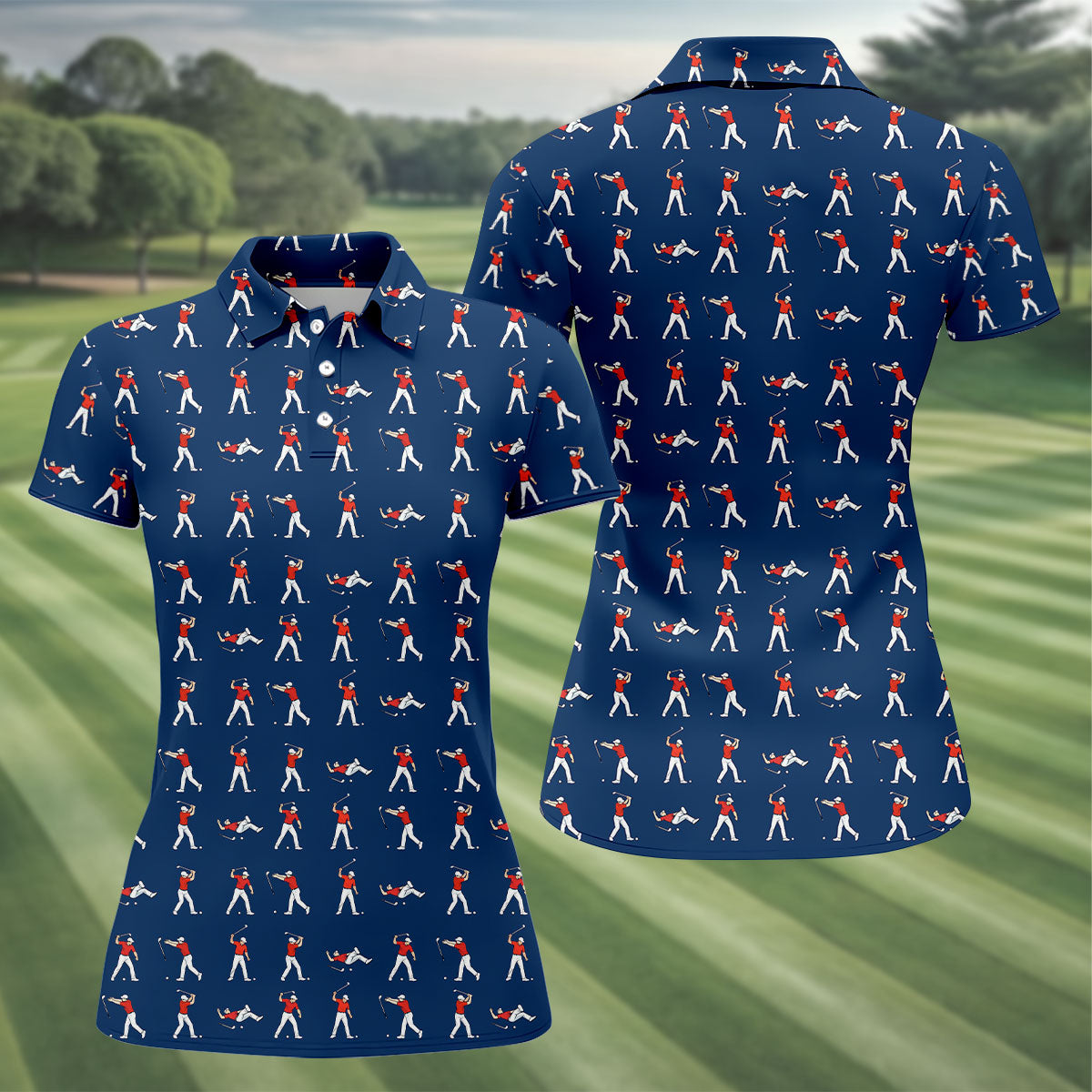 Cartoon Figures Golf Pose Navy Golf Shirt, Ladies Golf Shirts, Golf Shirt For Women, Ladies Golf Polos