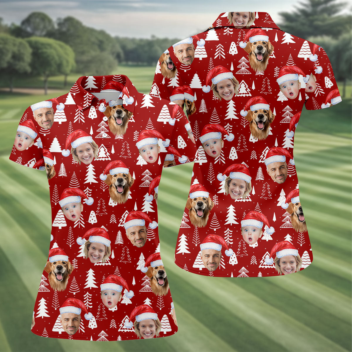 Custom Face Snow Pine Tree Red Golf Shirt, Christmas Golf Shirt, Women's Golf Tops, Golf Gift For Ladies