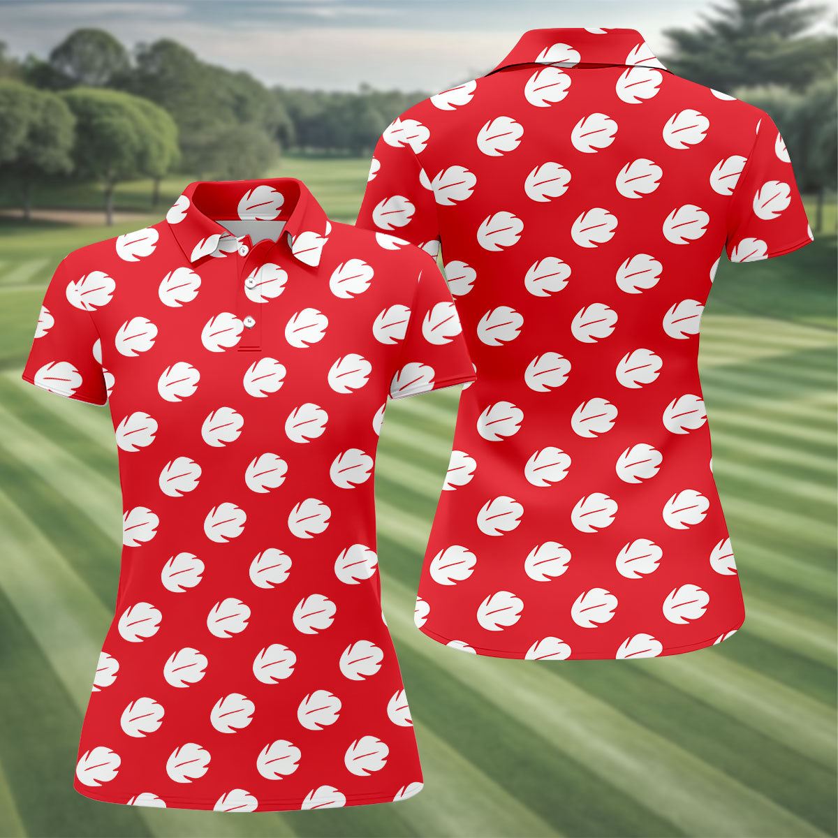 Red Tropical Leaf Hawaiian Golf Shirt, Women’s Golf Polo, Golf Shirts For Women