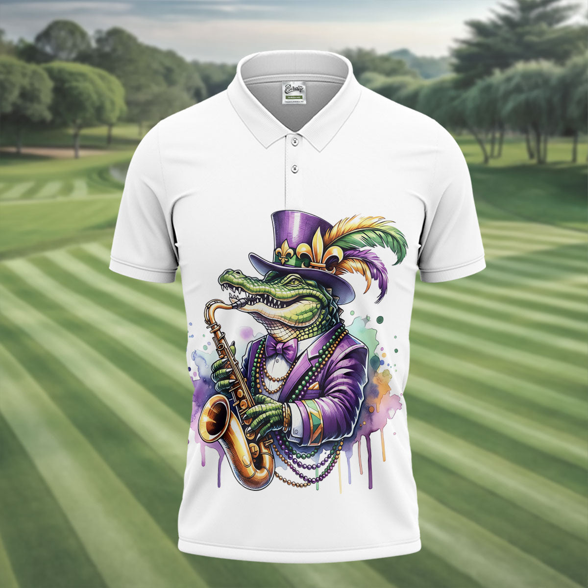Mardi Gras Alligator Playing Saxophone White Golf Shirt, Golf Shirts For Men, Polo Shirt Men